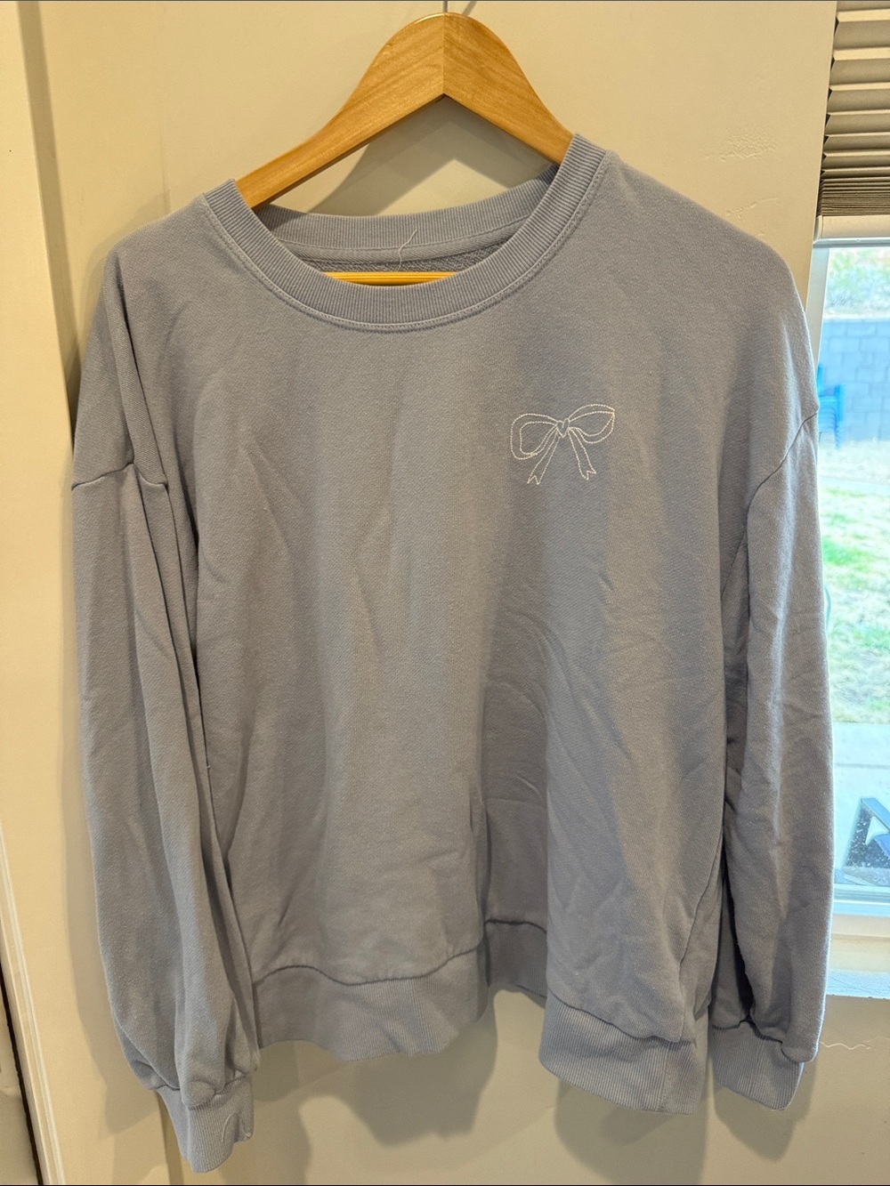 CeCe Light Blue Crewneck Sweater with Embroidered Bow